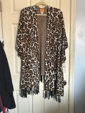 NWT Ruby Rd. Leopard print fringe trim poncho one size